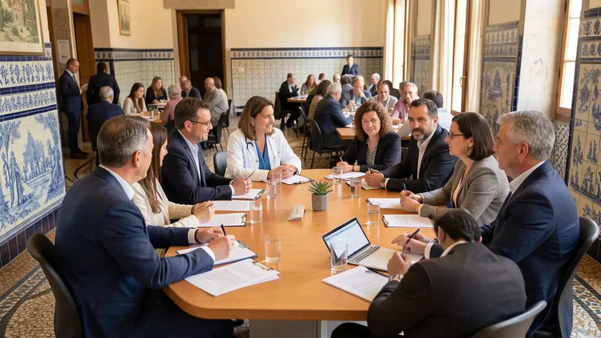 Imagem genérica de profissionais de saúde mental e representantes locais reunidos em Portugal.