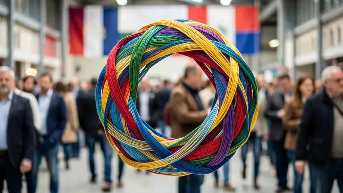 Generic image of an abstract pattern of interwoven threads forming a loop, with subtle elements suggesting the European Union.