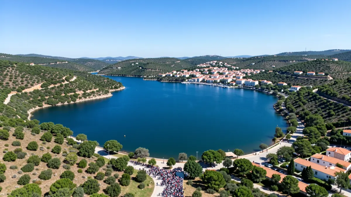 Vista aérea de la Albufeira do Maranhão en Avis, Portugal, con el pueblo y colinas verdes.