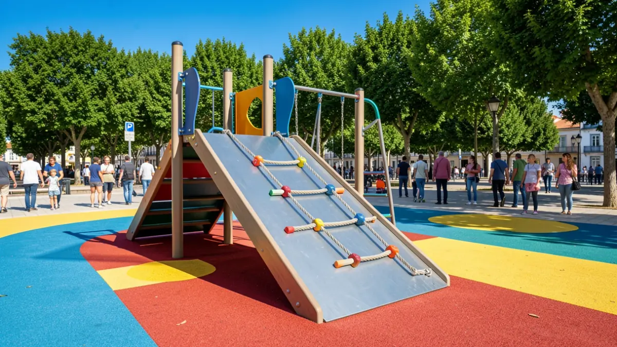 Children's playground in Avis with new safety flooring and renovated equipment.