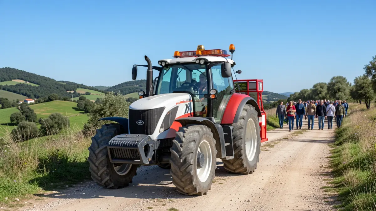 Imagem genérica de um trator novo equipado para prevenção de incêndios rurais, num cenário rural português.