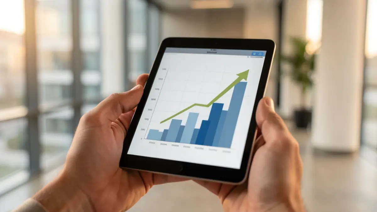 Imagen genérica de una mano sujetando una tablet con un gráfico ascendente, en un entorno de oficina.
