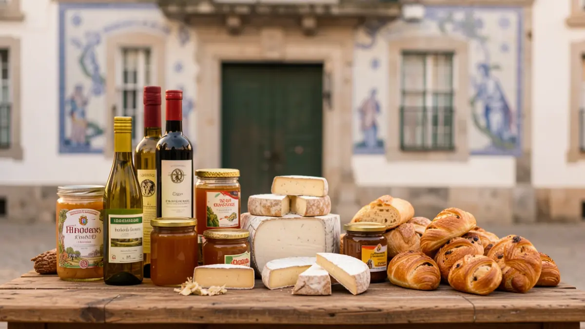 Imagen genérica de una mesa con productos gastronómicos portugueses, como aceite de oliva, vino, miel, queso y dulces tradicionales, con un fondo difuminado de un edificio municipal.
