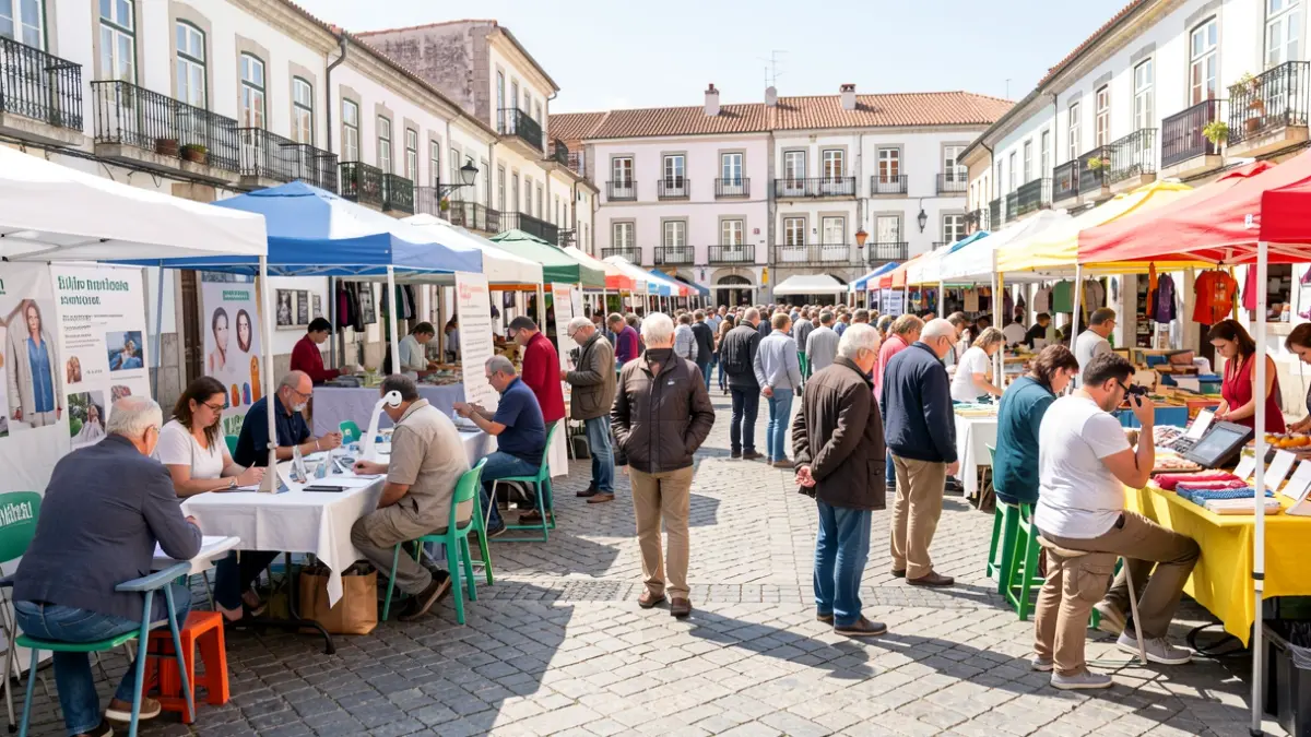 Imagem genérica de um evento de rastreio de saúde num mercado português, com pessoas a realizar exames e bancas montadas.