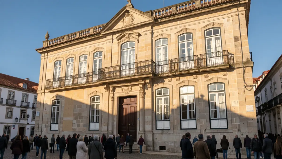 Fachada de um edifício municipal em Baião, Portugal, com luz solar de tarde.