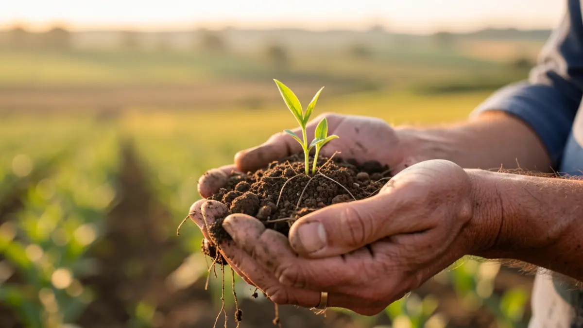 Imagem genérica de mãos de agricultor a segurar terra com rebentos verdes, com campos agrícolas desfocados ao fundo.