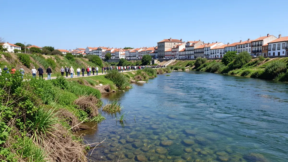 Imagen genérica de una orilla de río recuperada con vegetación y un pueblo portugués al fondo.