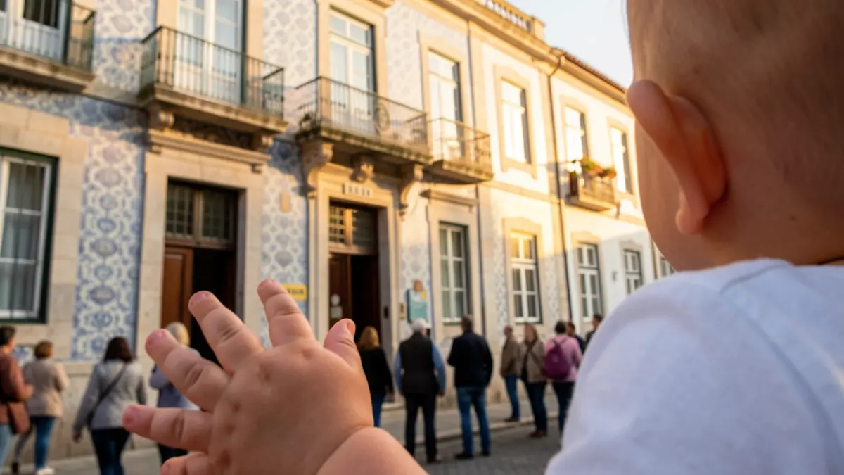 Fachada de un edificio municipal en Baião con azulejos tradicionales y luz solar de tarde, con la mano de un bebé en primer plano.