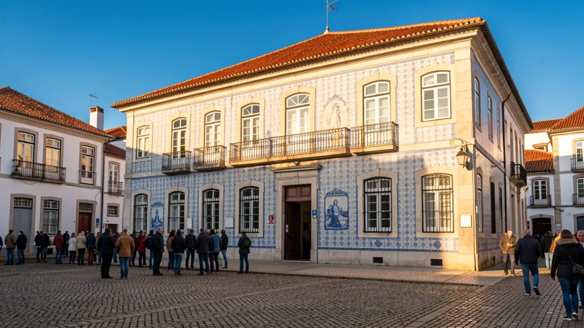 Fachada de un ayuntamiento portugués con azulejos tradicionales y balcón, bajo la luz del sol de la tarde.