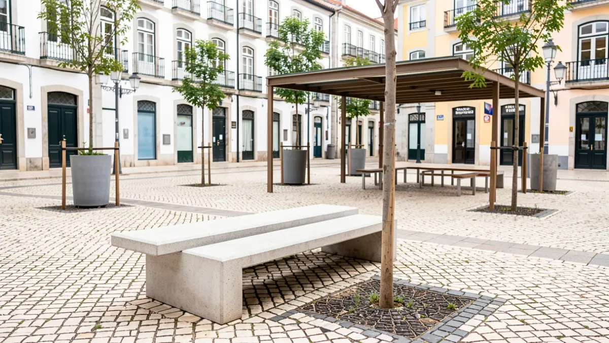 Imagem genérica de uma praça pública em Portugal com mobiliário urbano renovado e pavimentação tradicional.