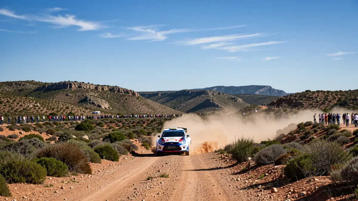 Imagen genérica de un coche de rally en terreno árido en Portugal.