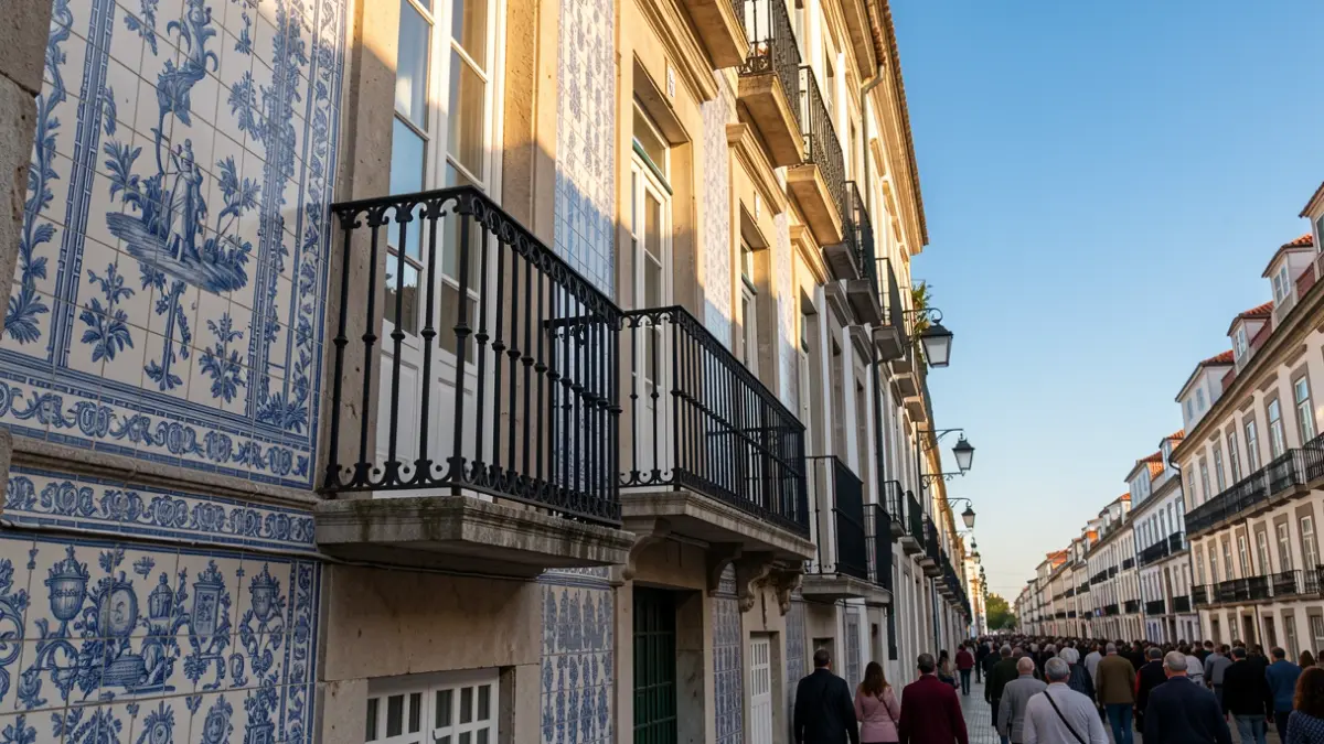 Fachada de um edifício municipal português com azulejos tradicionais e varanda, luz solar quente da tarde.