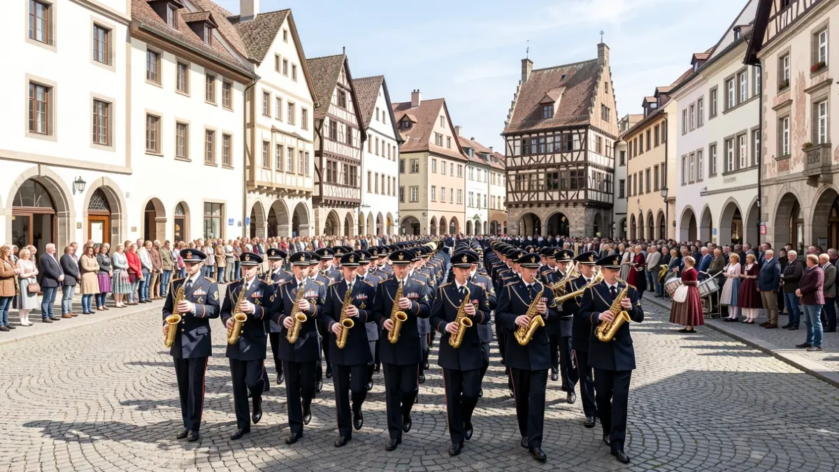 Image of a philharmonic band parading in a historic Portuguese square.