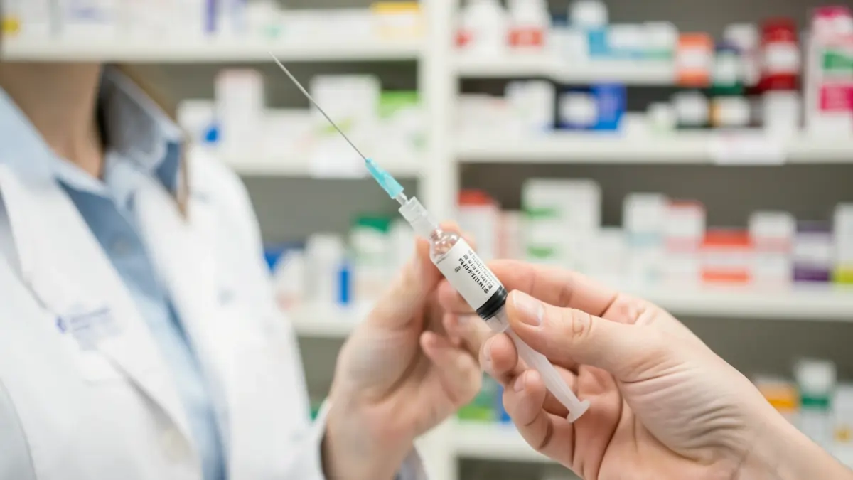Manos de un farmacéutico sosteniendo una jeringa y un vial, con estanterías de medicamentos borrosas al fondo.