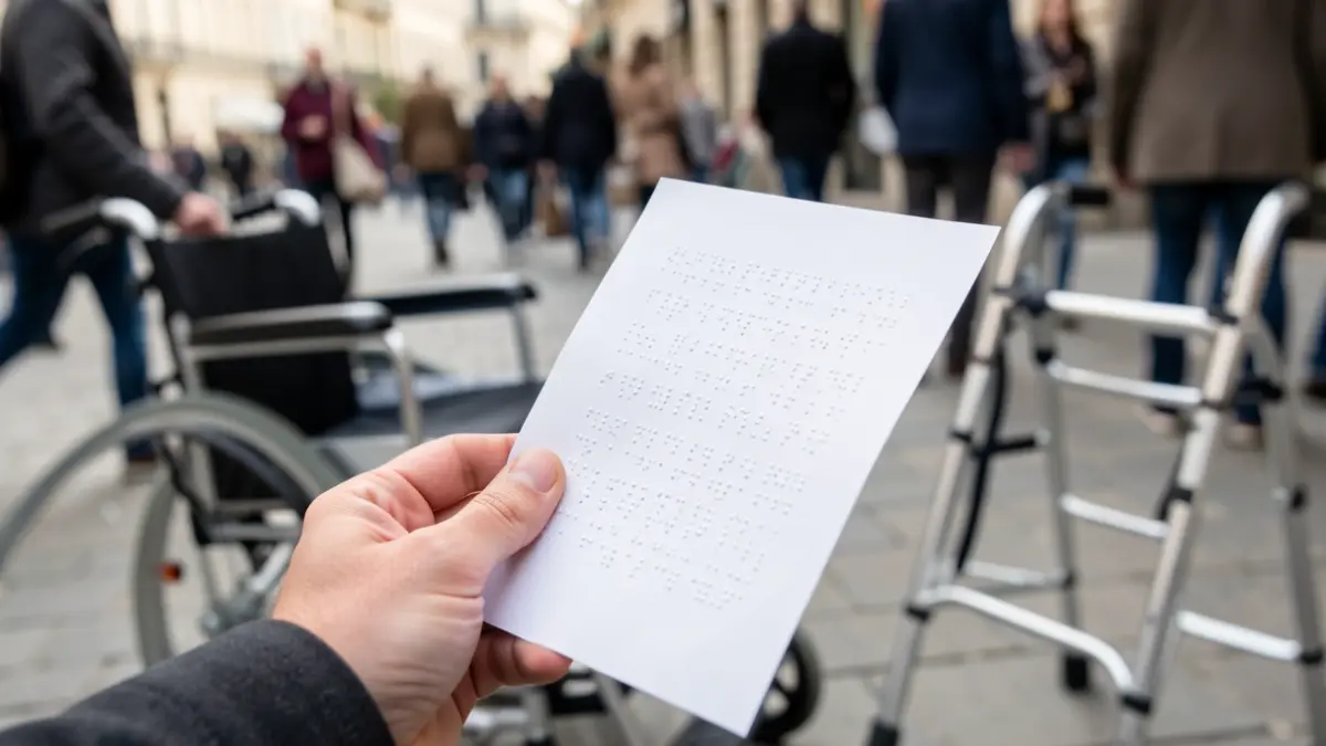 Generic image of a Braille document with blurred assistive devices in the background.