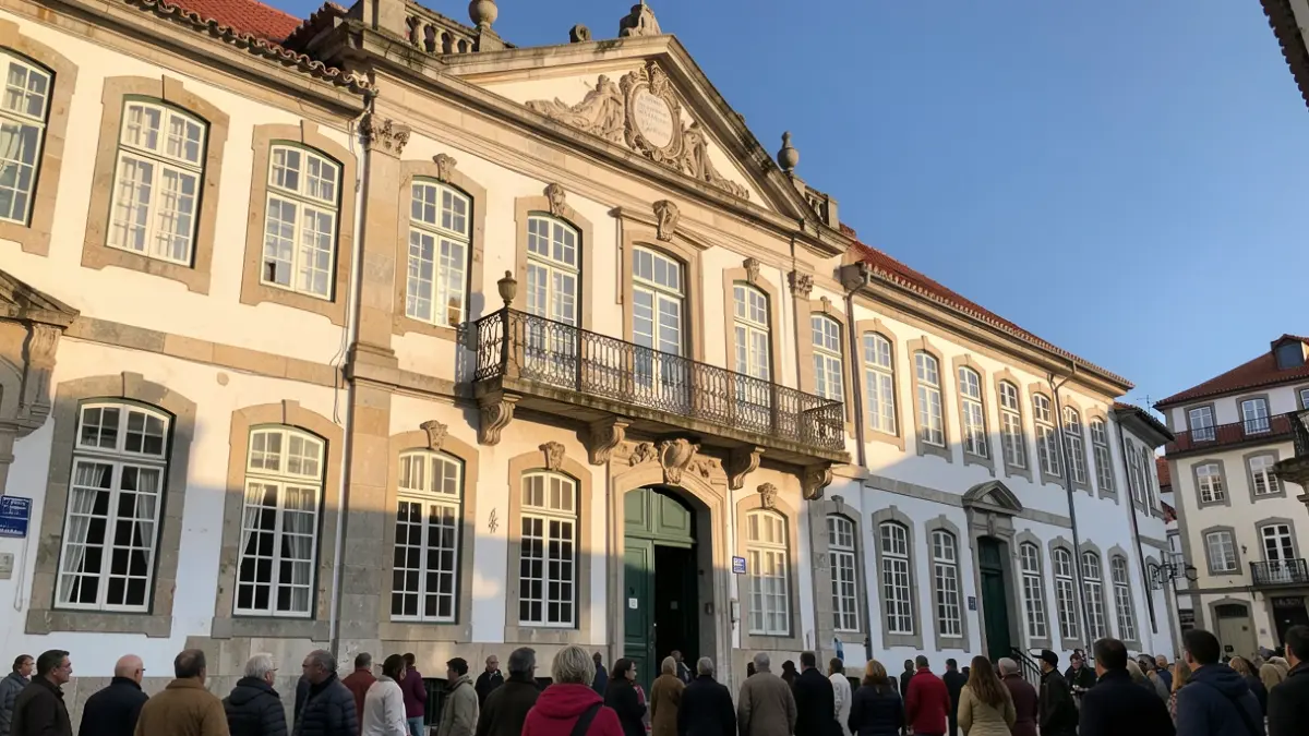 Imagem genérica de uma fachada de edifício de Câmara Municipal portuguesa com varanda ornamentada e detalhes em pedra, sob luz solar quente de fim de tarde e céu azul.