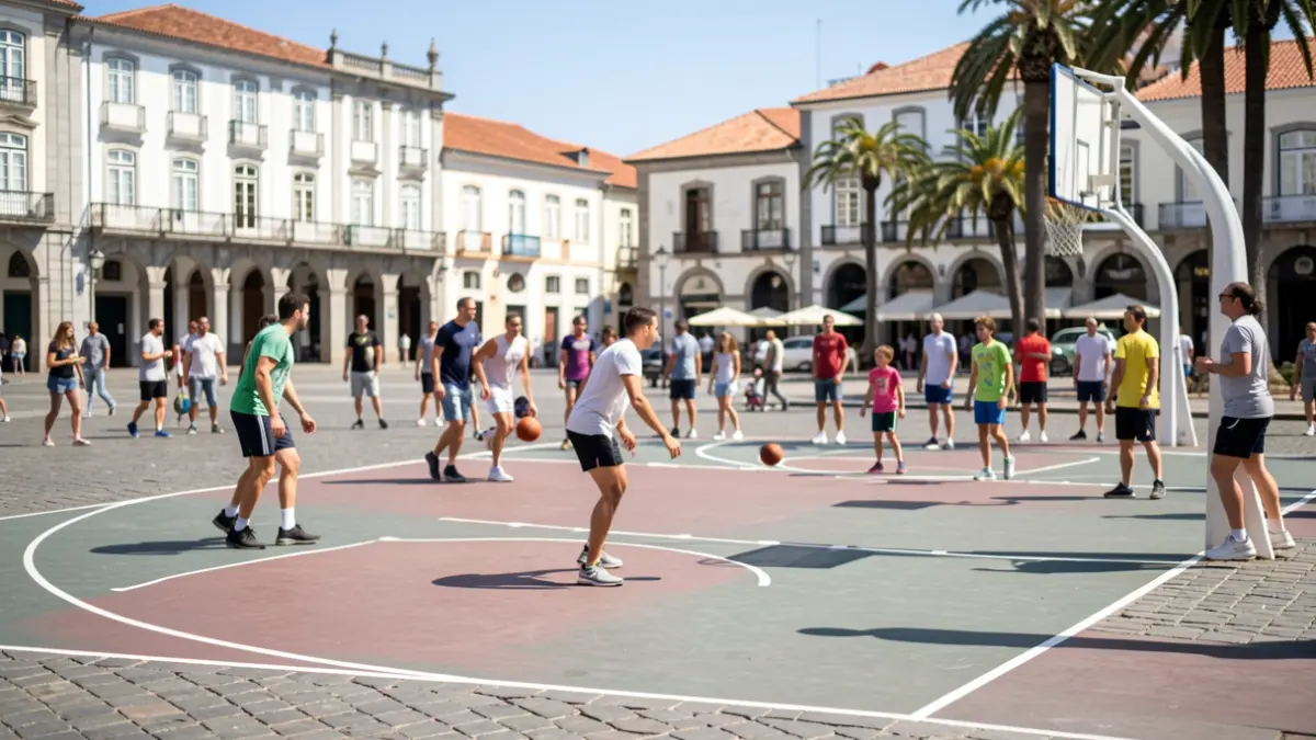 Generic image of a basketball court set up in a public square, with people participating.