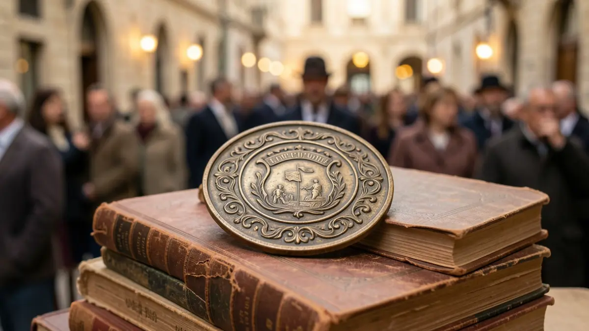Image of an old award medal on historical books.