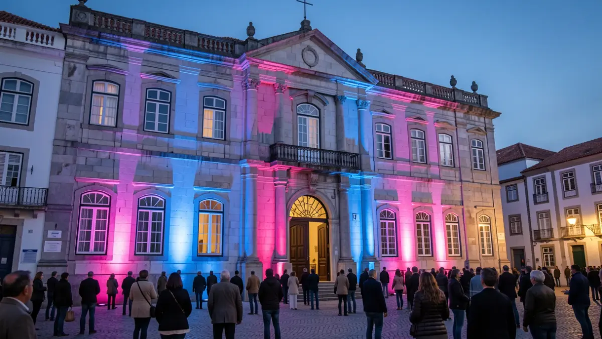 Generic image of a municipal building facade illuminated with blue and pink lights at dusk.