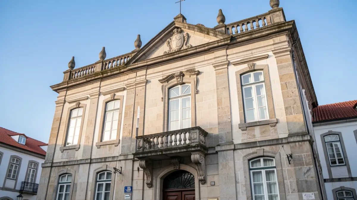 Fachada do edifício da Câmara Municipal de Benavente, arquitetura portuguesa tradicional com varanda ornamentada.