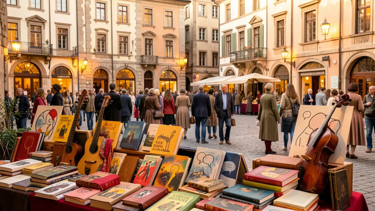 Generic image of diverse cultural elements like books and musical instruments in an urban setting.