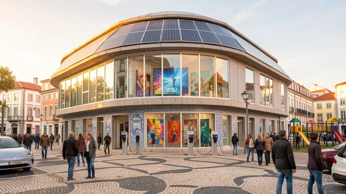 Imagen genérica de un edificio moderno con paneles solares y elementos de arte digital.