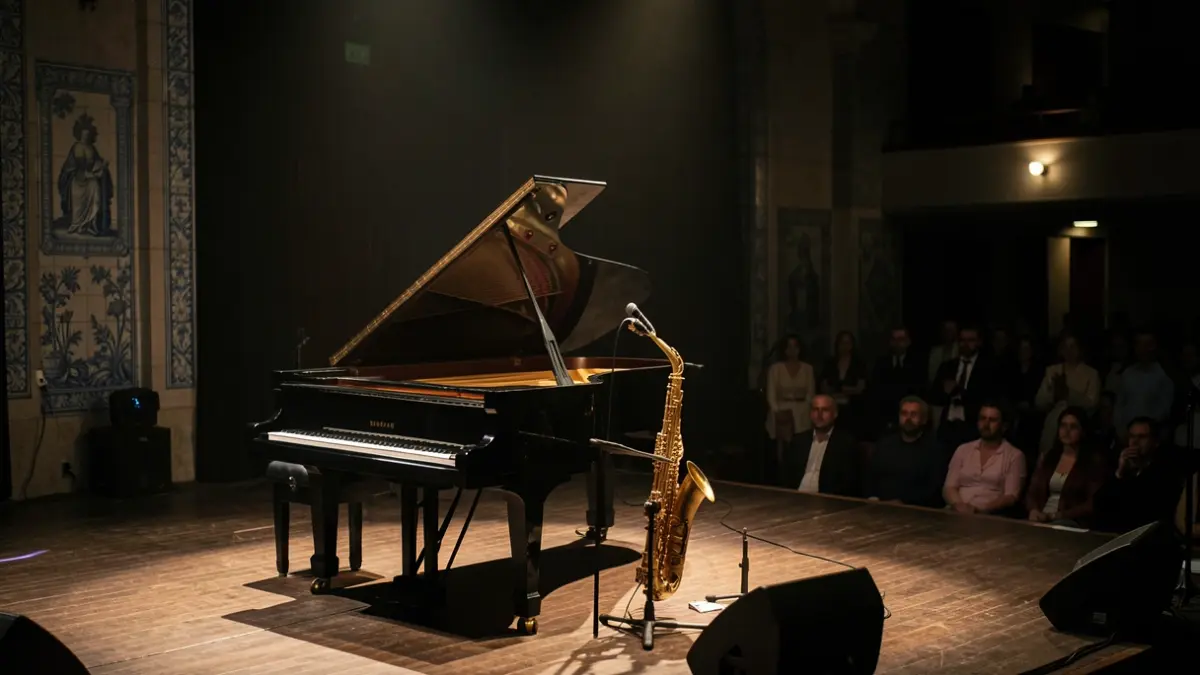 Imagem genérica de um palco de concerto com um piano e um saxofone, iluminação suave e ambiente intimista.
