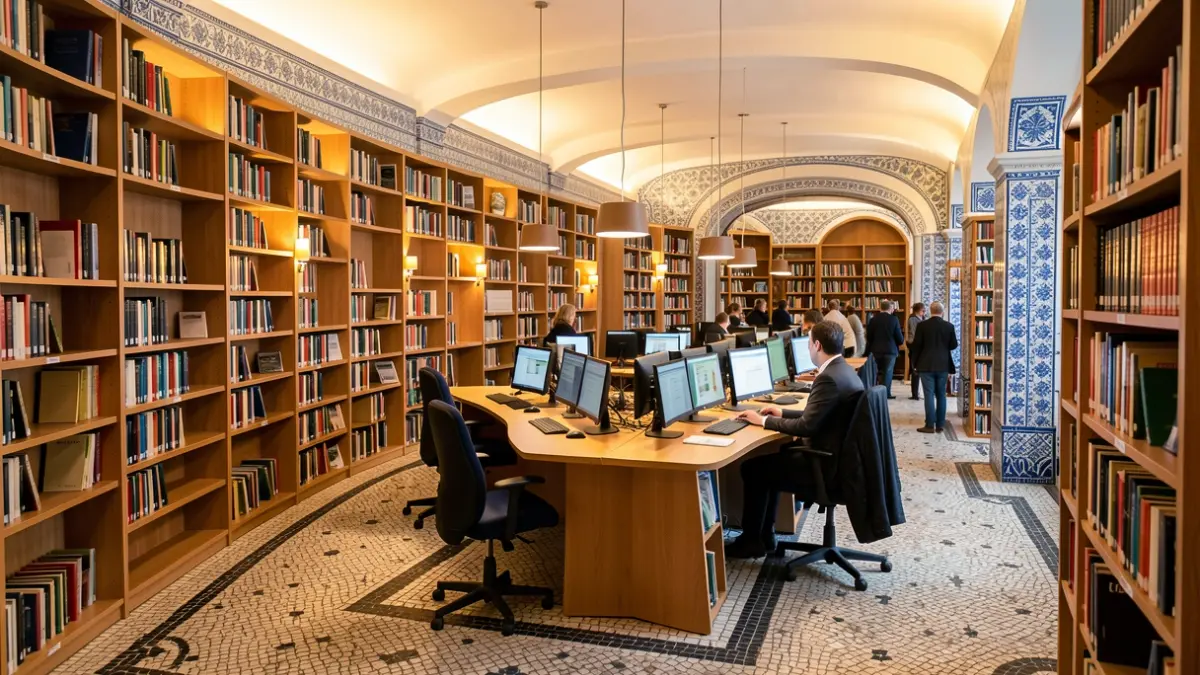 Imagem genérica de uma biblioteca moderna com computadores e recursos digitais de apoio ao estudo.