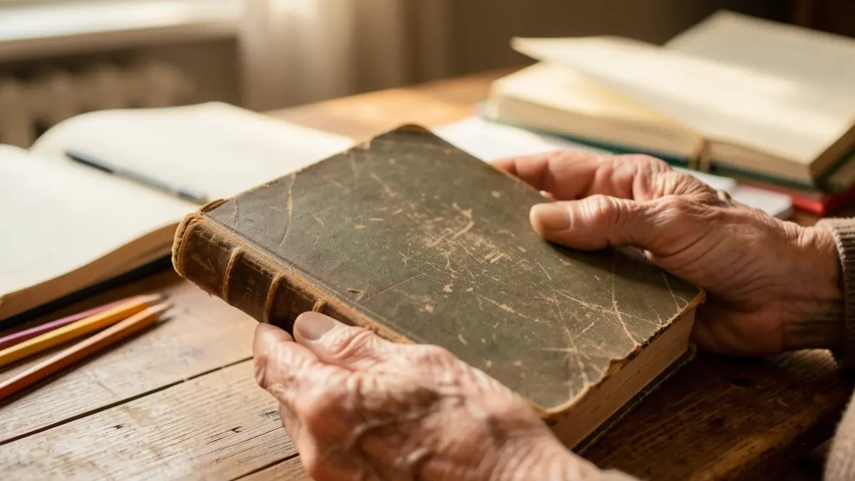 Generic image of elderly hands holding an old book, with blurred school-related items in the background.