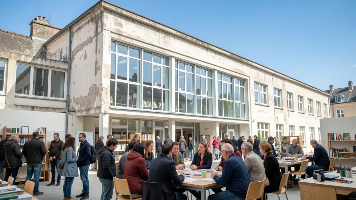 Fachada de una biblioteca pública moderna con amplias ventanas de cristal y líneas depuradas, bajo un cielo azul. En primer plano, un grupo diverso de personas discute alrededor de una mesa en una luminosa sala de talleres. El edificio de la biblioteca aparenta tener 26 años de historia, pero está bien conservado.