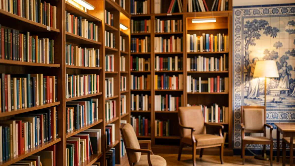 Generic image of a Portuguese municipal library with bookshelves and ambient lighting.