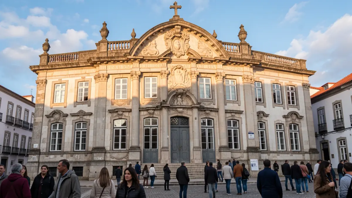 Fachada de la Biblioteca Municipal Padre António Mourinho en Miranda do Douro, Portugal, con arquitectura de piedra ornamentada y grandes ventanales, cálida luz solar de la tarde proyectando suaves sombras, cielo azul con algunas nubes.