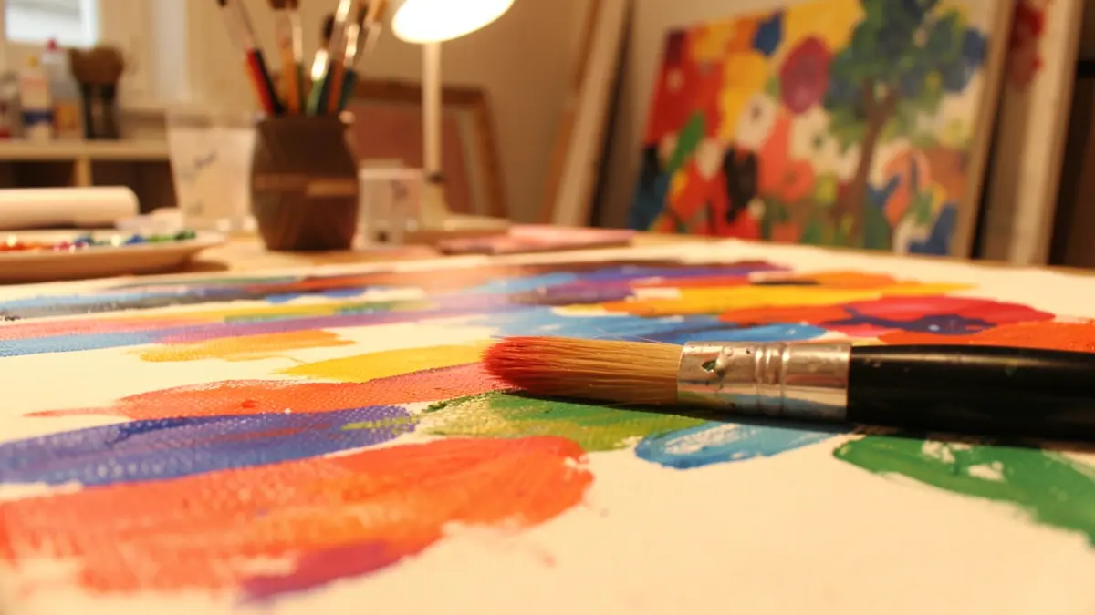 Generic image of a paintbrush on a canvas with abstract colorful strokes, studio lighting, with art supplies blurred in the background.