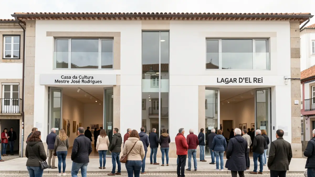 Fachada de um espaço de exposição de arte contemporânea em Alfândega da Fé, Portugal, com duas entradas distintas.