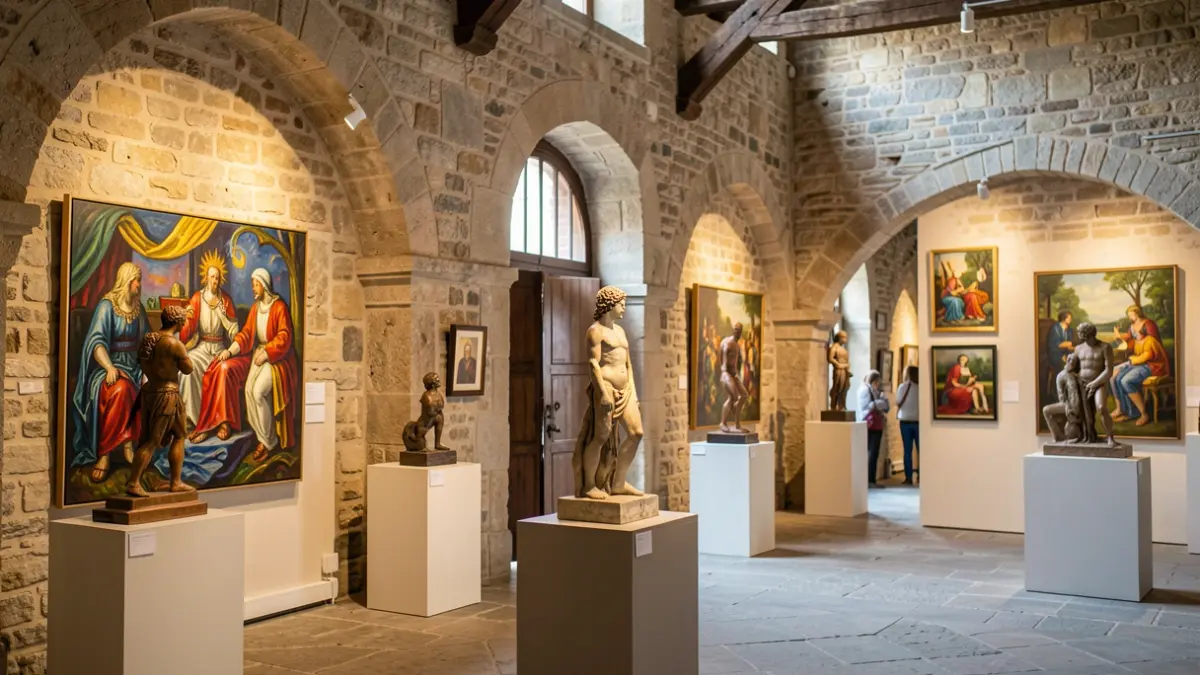 Imagem genérica de uma exposição de arte contemporânea em Portugal, com pinturas e esculturas em destaque.