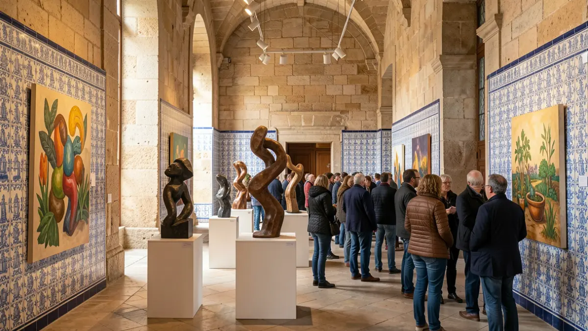 Image of a contemporary art exhibition in Vila Flor, featuring sculptures and paintings inspired by nature and local identity.