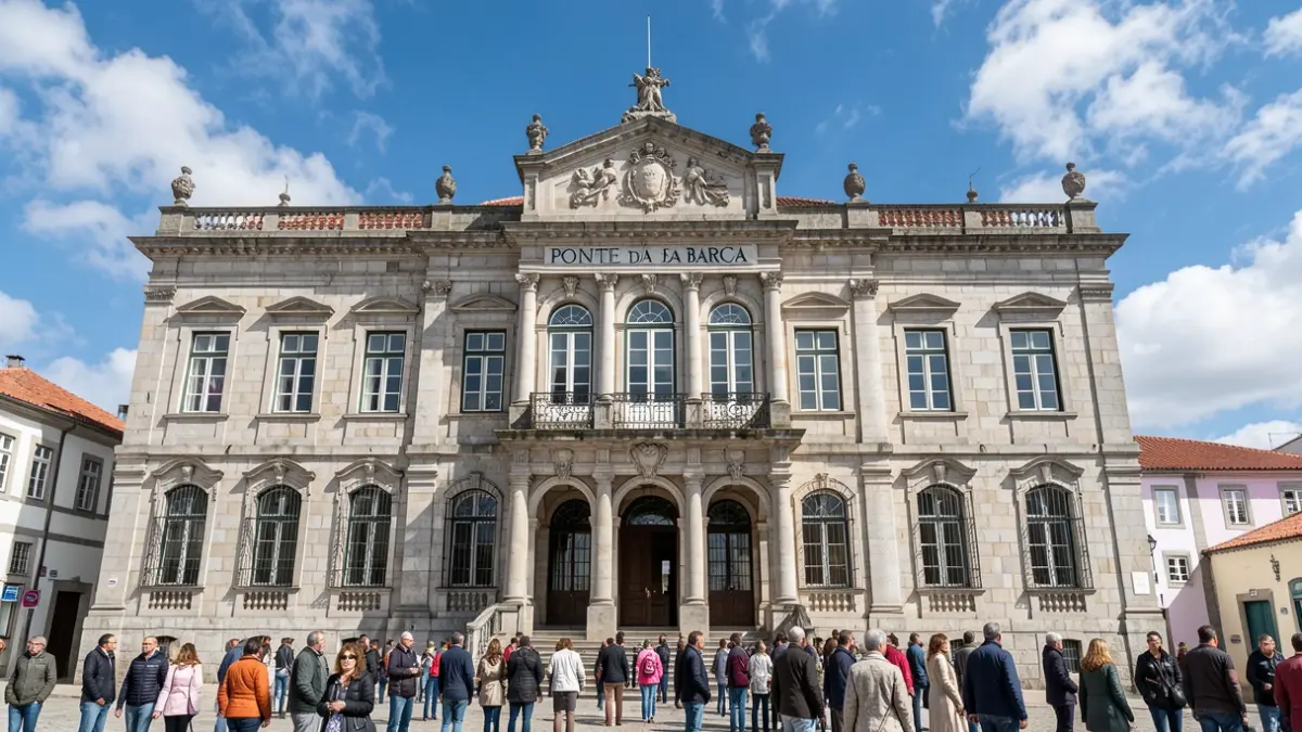 Fachada da Câmara Municipal de Ponte da Barca, um edifício de pedra tradicional português com detalhes ornamentados.