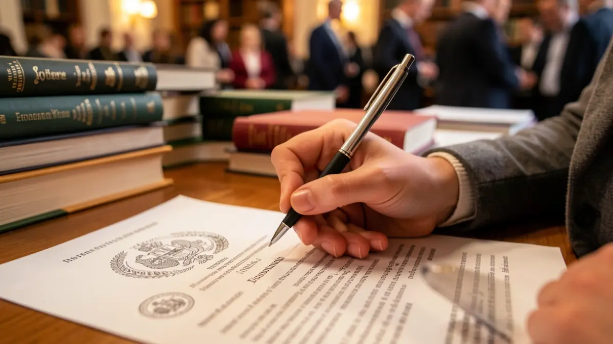 Generic image of a university student's hand holding a pen over an official document with seals and text, with blurred stacks of books in the background. Academic lighting.