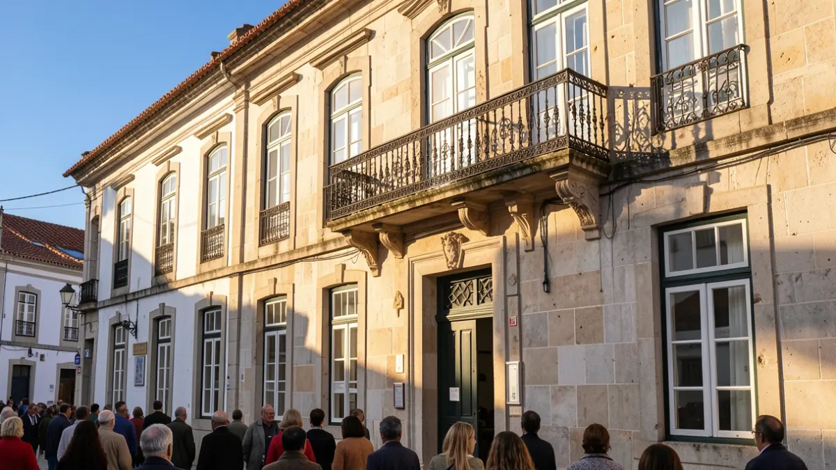 Generic image of a municipal building facade in Portugal, featuring traditional architectural details and late afternoon sunlight.