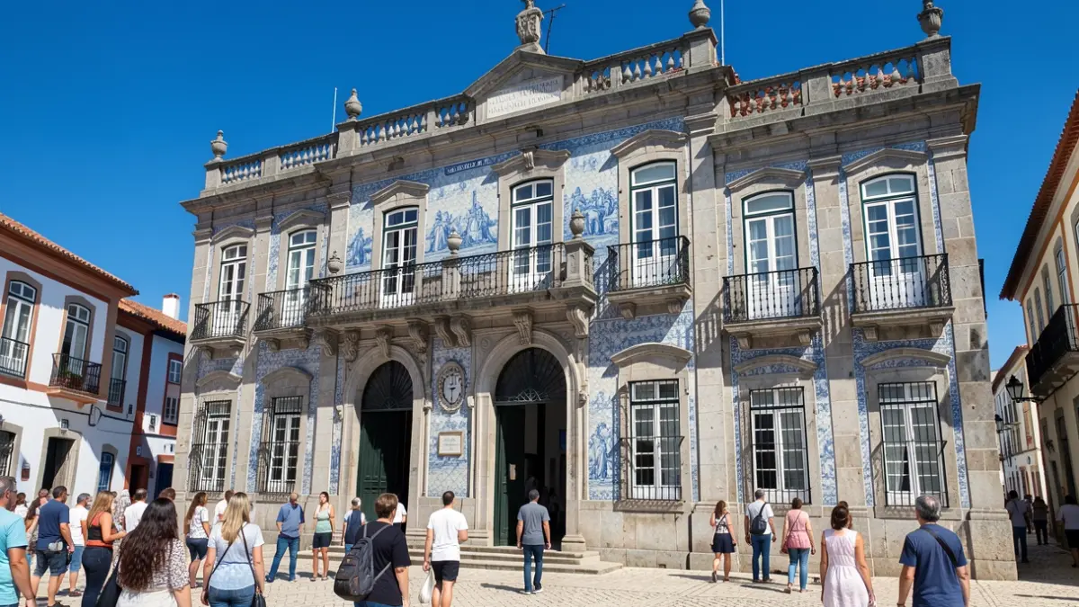 Imagem genérica da fachada de um edifício municipal português com azulejos tradicionais.