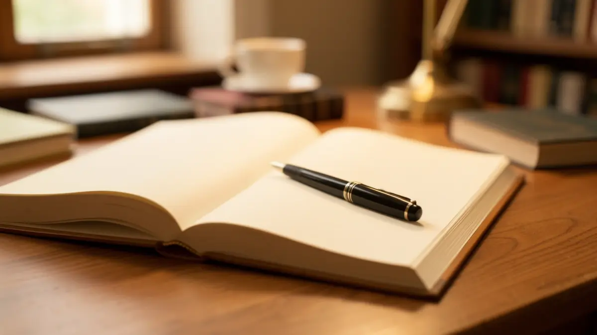 Generic image of an open book with a pen resting on it, on a wooden desk. Soft, warm lighting.