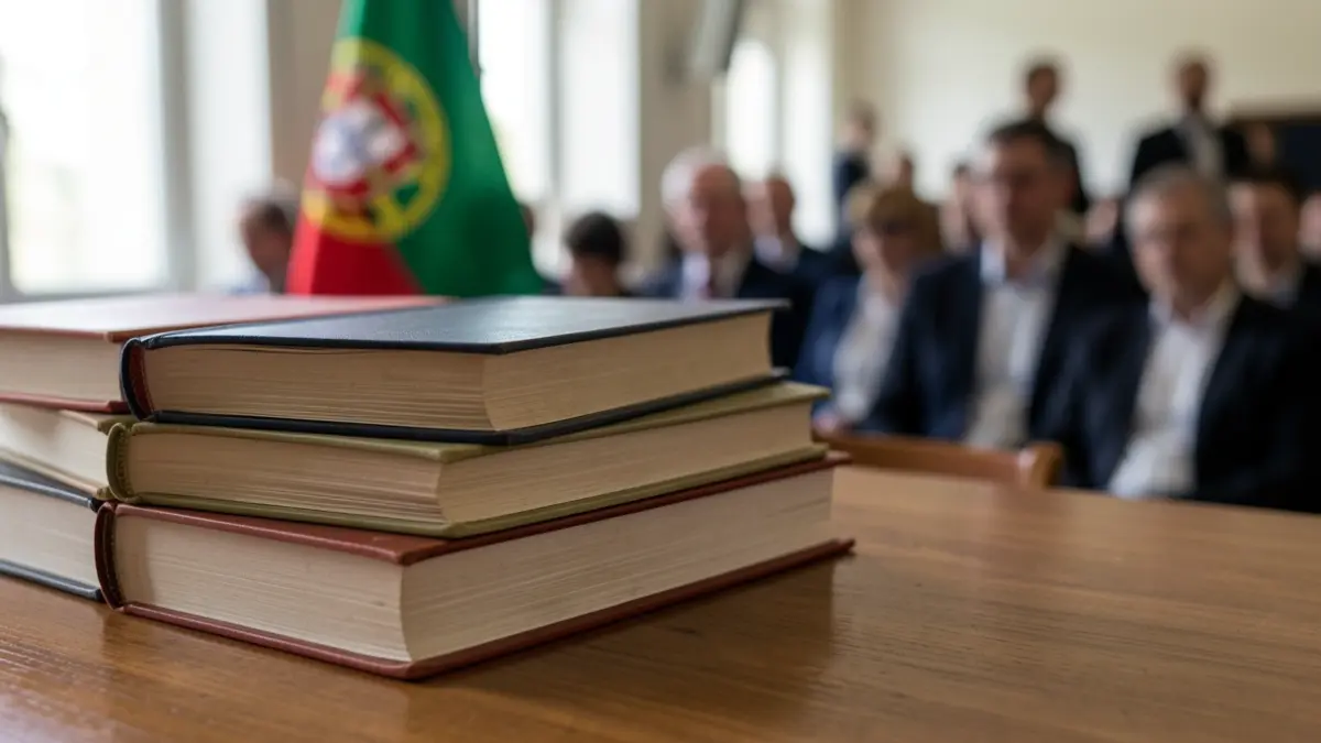 Image of academic books on a desk with a blurred Portuguese flag in the background.