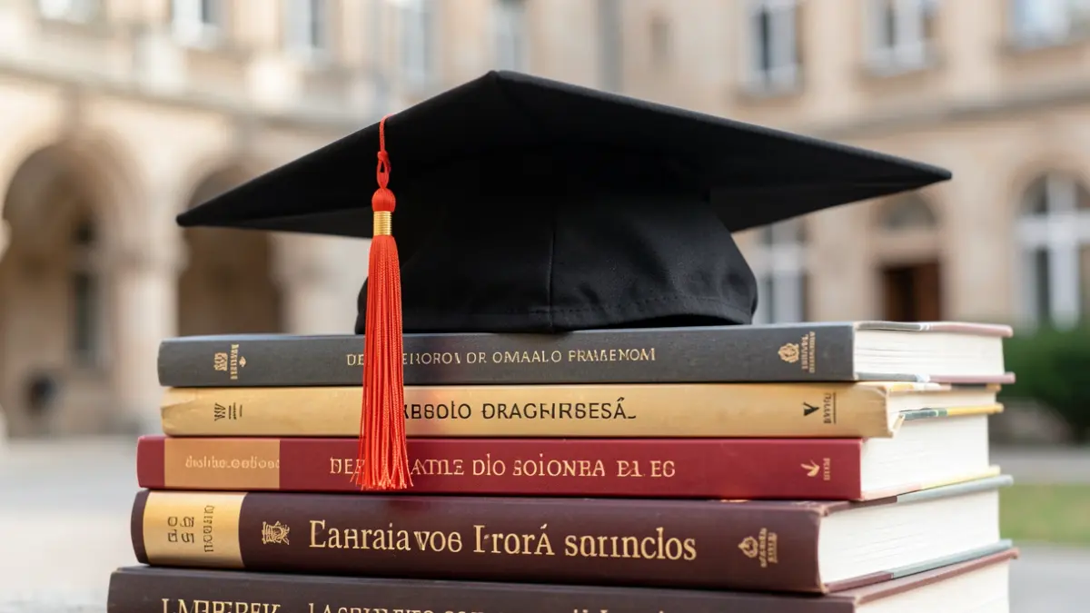 Imagem genérica de um capelo de formatura sobre livros, com fundo desfocado de edifício universitário.