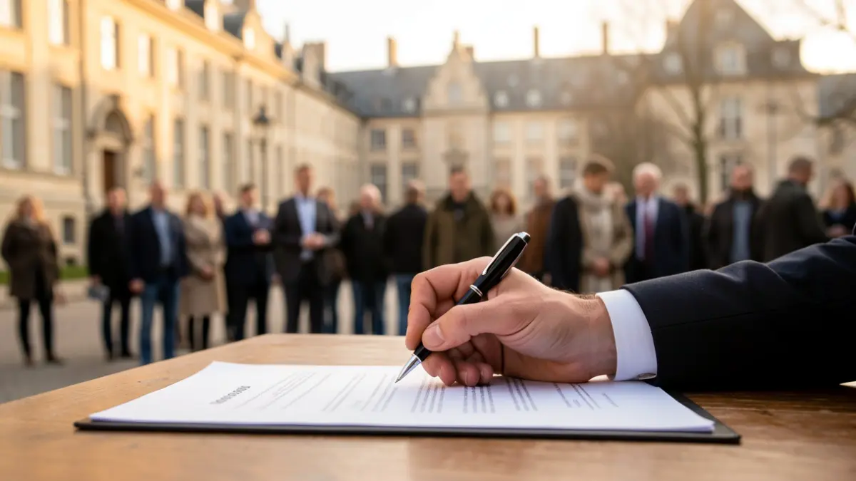 Generic image of a hand signing a document on a desk, with blurred academic buildings in the background.
