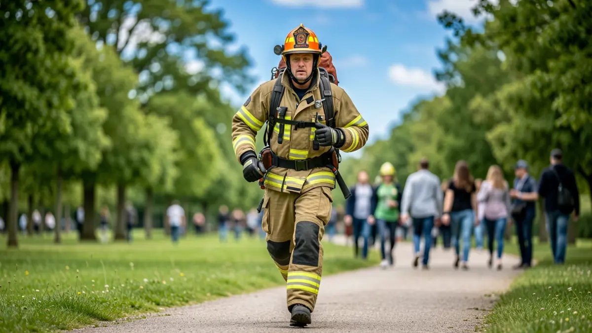 Generic image of a firefighter running with full gear in a park.