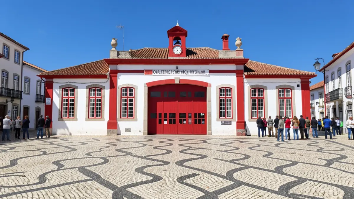 Generic image of a traditional Portuguese fire station facade with Portuguese pavement.