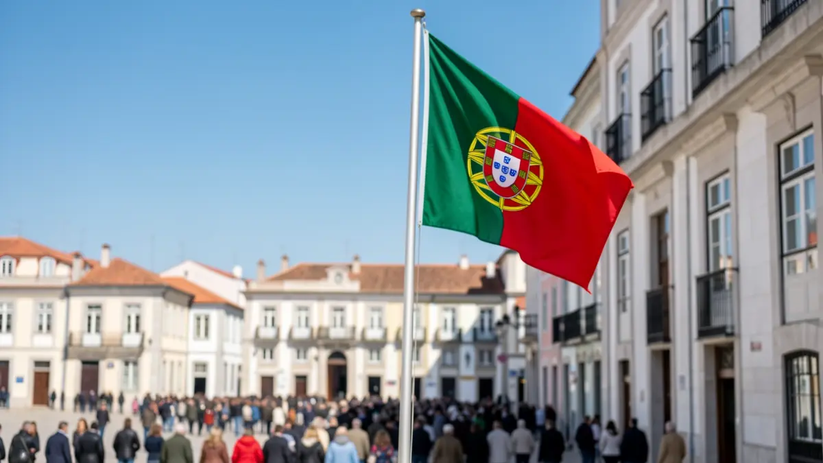 Imagem genérica de uma bandeira portuguesa a ser hasteada num mastro, com um fundo desfocado de uma praça.