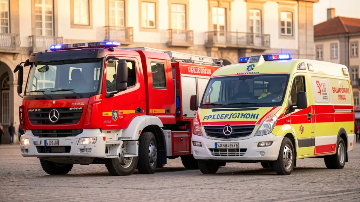Imagem genérica de uma ambulância e um veículo de combate a incêndios estacionados.
