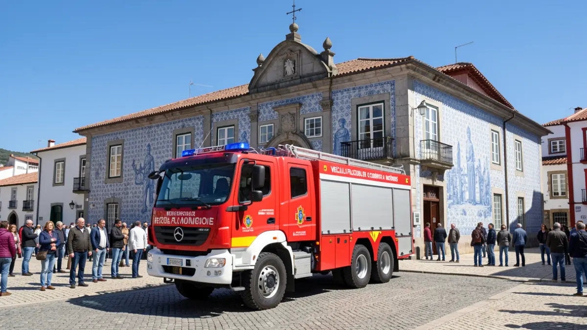 Veículo de combate a incêndios português em frente a um edifício municipal com azulejos em Monforte.
