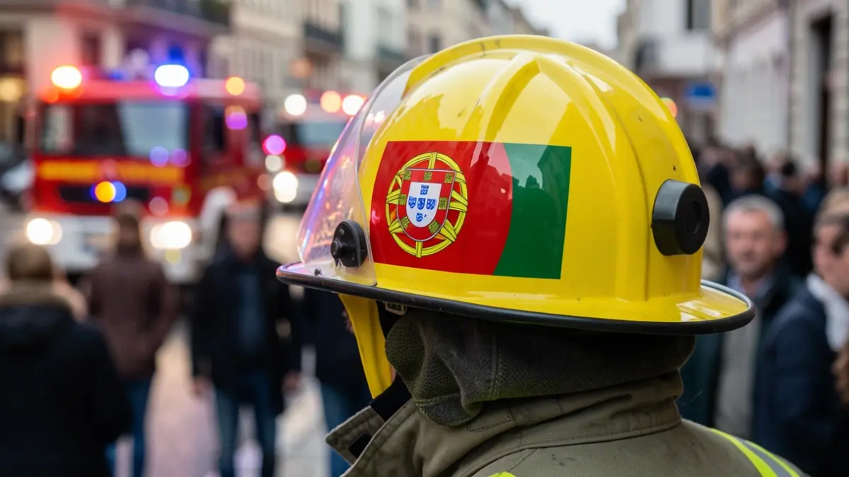 Imagem genérica de um capacete de bombeiro com o emblema da bandeira portuguesa, refletindo luzes de emergência ao fundo.